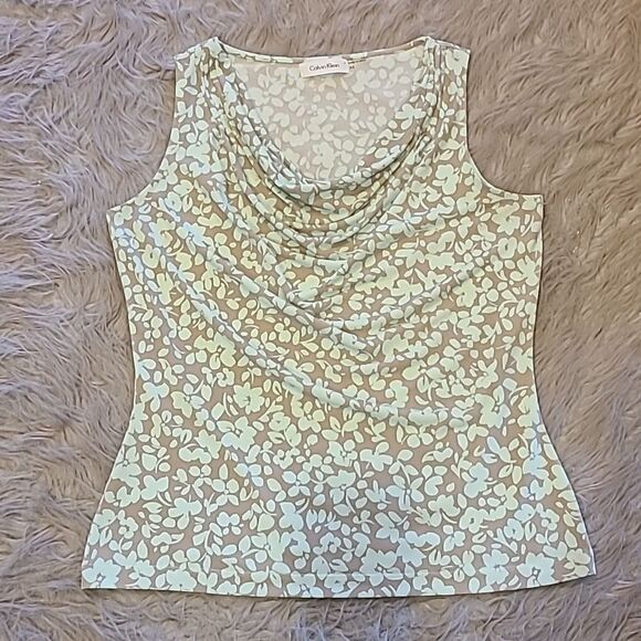 Calvin‎ Klein gray and light blue floral polyester stretch cowl neck tank top - Picture 1 of 5